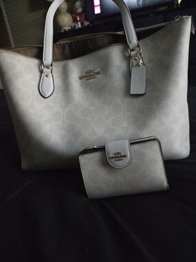 Coach Light Gray Signature Tote with Matching Wallet